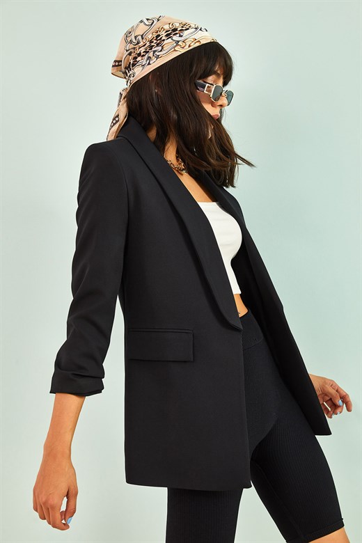 Bianco Lucci Kadın Kolu Büzgülü Blazer Ceket - Siyah