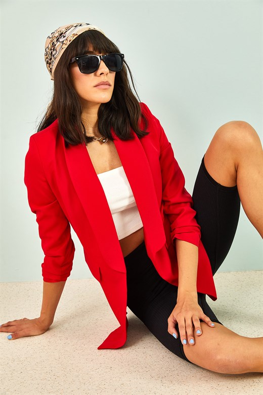 Bianco Lucci Kadın Kolu Büzgülü Blazer Ceket - Kırmızı