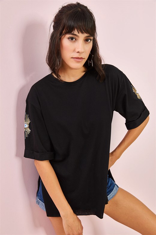 Bianco Lucci Kadın Kolu Desenli Oversie Tshirt - Siyah