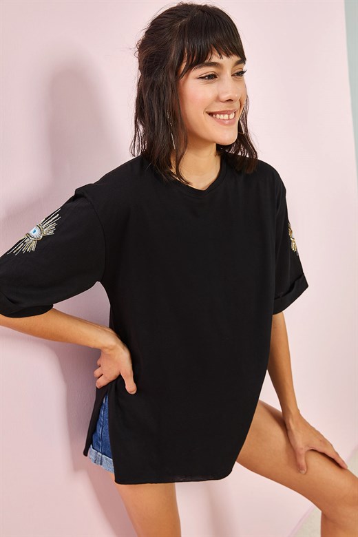 Bianco Lucci Kadın Kolu Desenli Oversie Tshirt - Siyah
