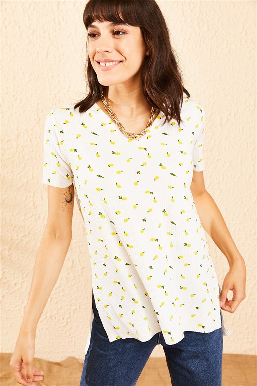Bianco Lucci Kadın Limon Desenli Fitilli V Yaka T-Shirt - Beyaz