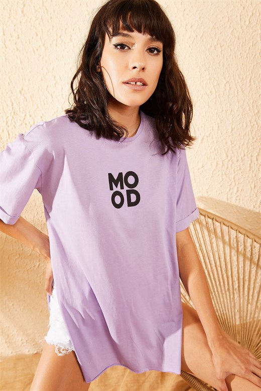 Bianco Lucci Kadın Mood Baskılı Kol Katlamalı Yan Yırtmaçlı T-Shirt - Lila