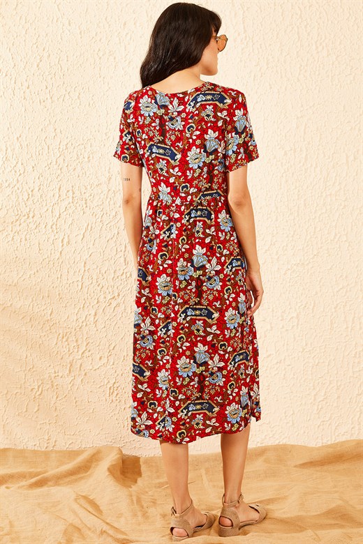 Bianco Lucci Kadın Multi Çiçek Desenli Düğme Detaylı Uzun Gömlek  Elbise - Kırmızı