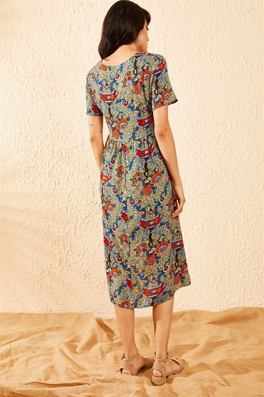 Bianco Lucci Kadın Multi Çiçek Desenli Düğme Detaylı Uzun Gömlek  Elbise - Haki