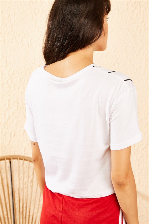 Bianco Lucci Kadın Nasa Baskılı Çizgili Kısa T-Shirt - Beyaz