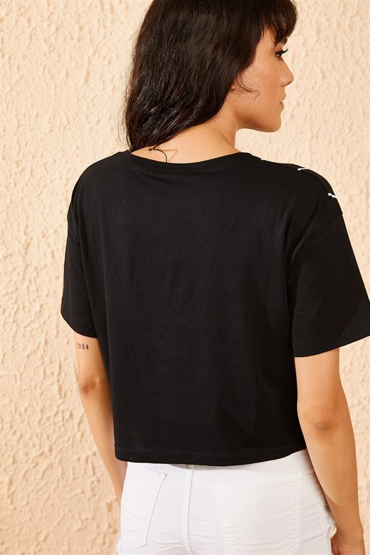 Bianco Lucci Kadın Nasa Baskılı Çizgili Kısa T-Shirt - Siyah