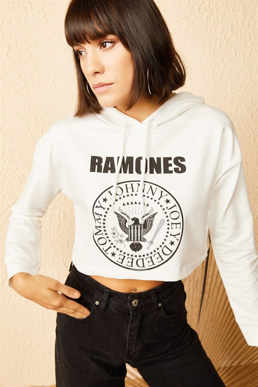Bianco Lucci Kadın Ramones Baskılı Kapüşonlu Sweatshirt - Ekru