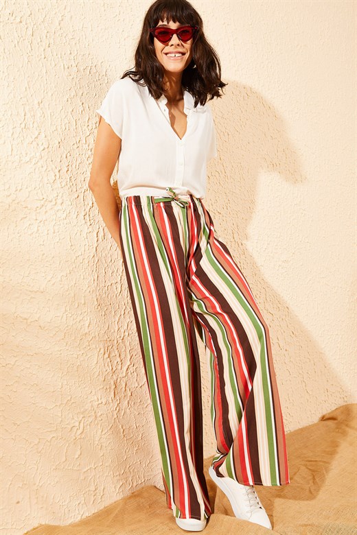 Bianco Lucci Kadın Şerit Desenli Beli Lastikli Bol Paça Pantolon - Çok Renkli