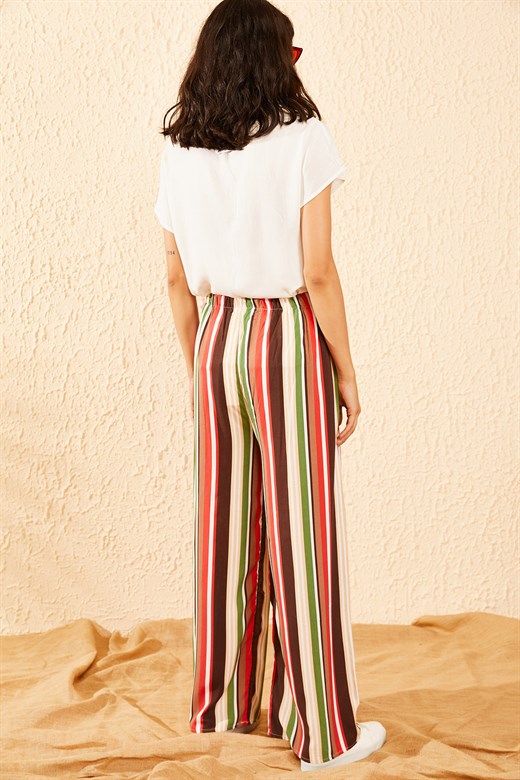 Bianco Lucci Kadın Şerit Desenli Beli Lastikli Bol Paça Pantolon - Çok Renkli