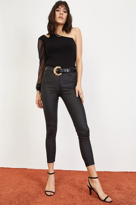 Bianco Lucci Kadın Siyah Sıvamalı Yüksek Bel Jeans Pantolon - Siyah