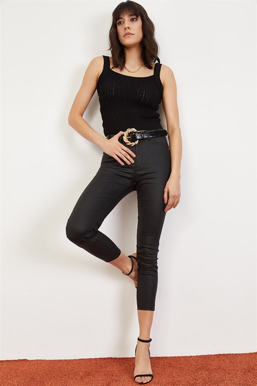 Bianco Lucci Kadın Siyah Sıvamalı Yüksek Bel Jeans Pantolon - Siyah