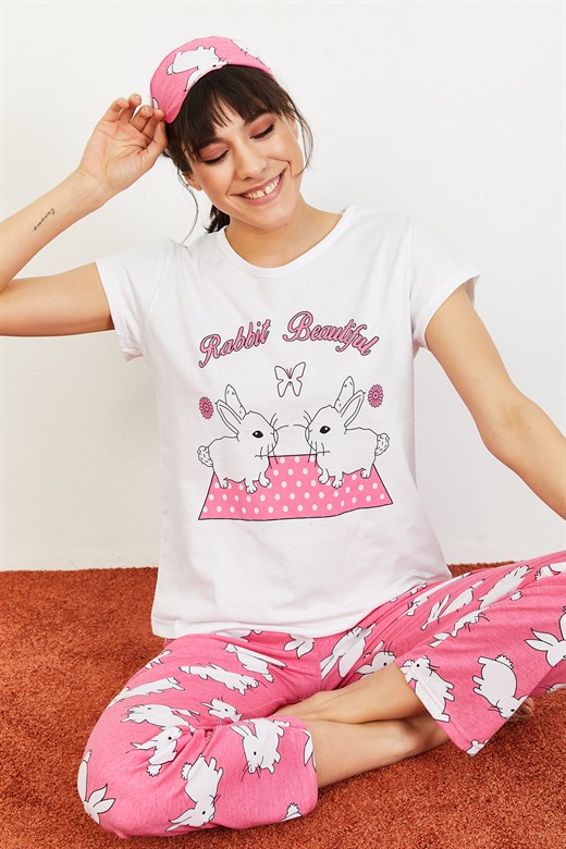 Bianco Lucci Kadın Tavşan Baskılı Pijama Takımı - Beyaz