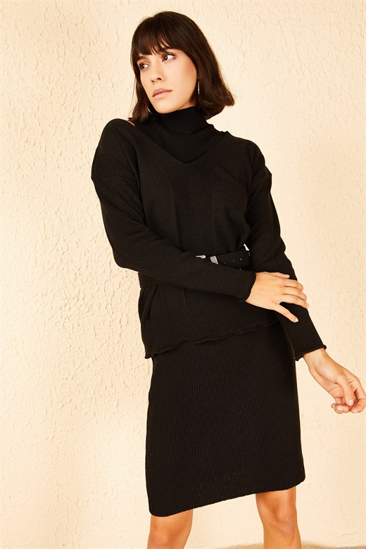 Bianco Lucci Kadın Triko Kazaklı Elbiseli Takım - Siyah
