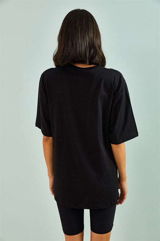 Bianco Lucci Kadın U Baskılı Oversize Tshirt - Siyah
