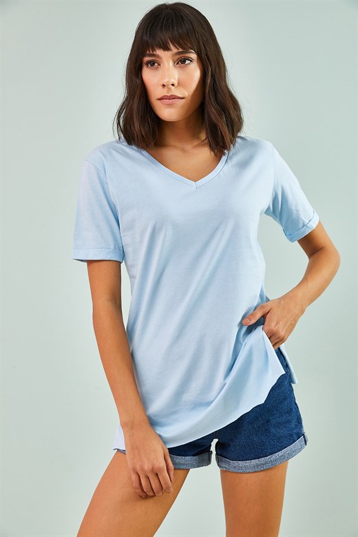 Bianco Lucci Kadın V Yaka Yırtmaçlı Oversize Tshirt - Bebe Mavisi
