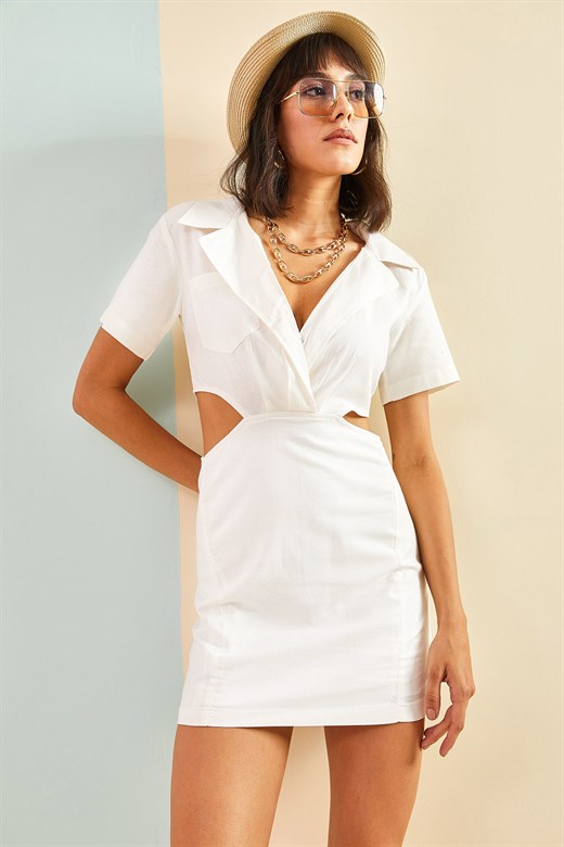 Bianco Lucci Kadın V Yakalı Yanları Yırtmaçlı Elbise - Beyaz