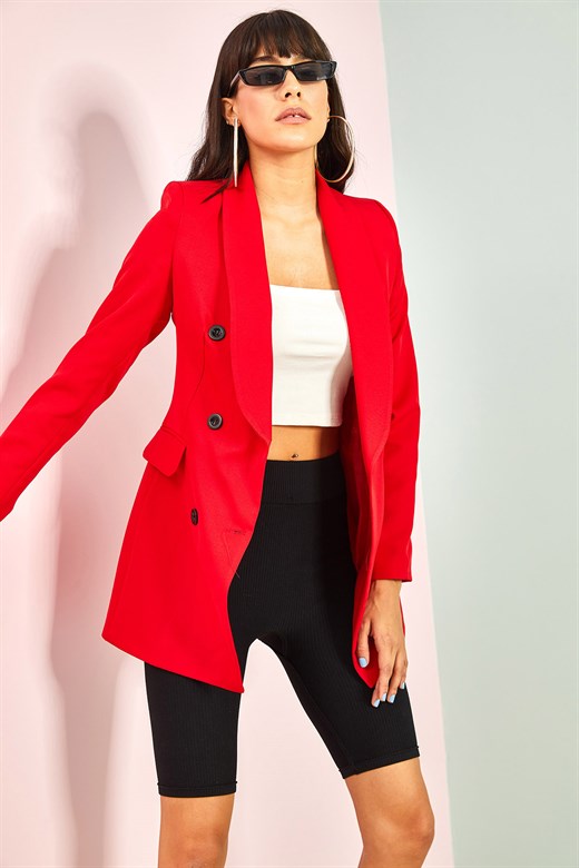 Bianco Lucci Kadın Vatkalı Düğmeli Blazer Ceket - Kırmızı