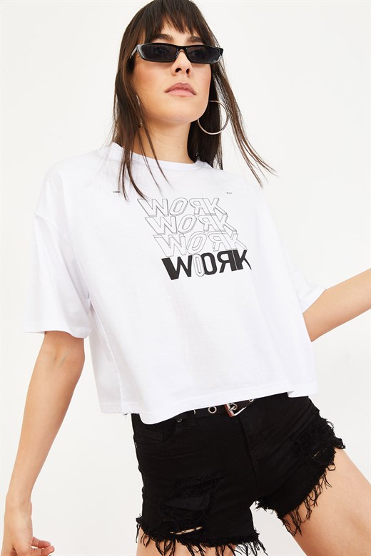 Bianco Lucci Kadın Work Baskılı Geniş T-Shirt - Beyaz