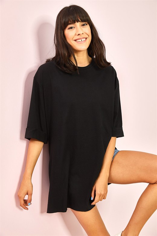 Bianco Lucci Kadın Yan Yırtmaçlı Duble Kol Basic Oversize Tshirt - Siyah