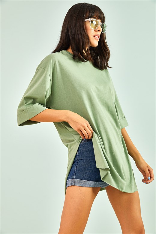 Bianco Lucci Kadın Yan Yırtmaçlı Duble Kol Basic Oversize Tshirt - Mint Yeşili