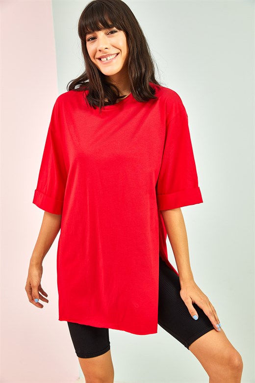 Bianco Lucci Kadın Yan Yırtmaçlı Duble Kol Basic Oversize Tshirt - Kırmızı