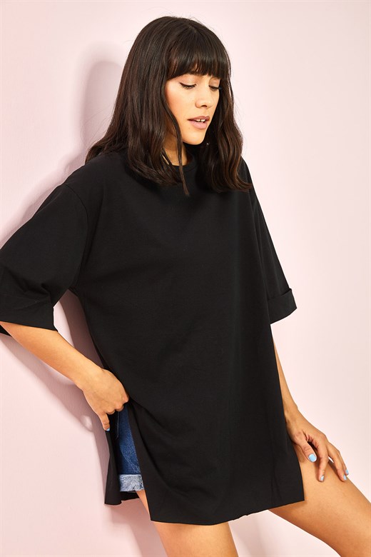 Bianco Lucci Kadın Yan Yırtmaçlı Duble Kol Basic Oversize Tshirt - Siyah