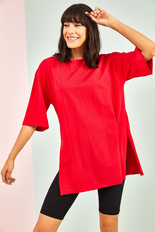 Bianco Lucci Kadın Yan Yırtmaçlı Duble Kol Basic Oversize Tshirt - Kırmızı
