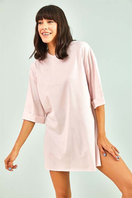 Bianco Lucci Kadın Yan Yırtmaçlı Duble Kol Basic Oversize Tshirt - Pembe