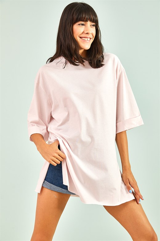Bianco Lucci Kadın Yan Yırtmaçlı Duble Kol Basic Oversize Tshirt - Pembe