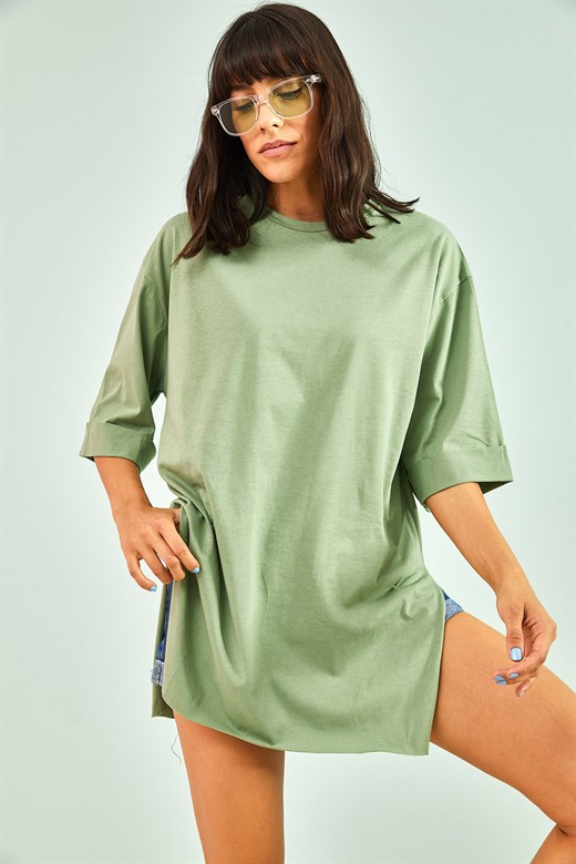 Bianco Lucci Kadın Yan Yırtmaçlı Duble Kol Basic Oversize Tshirt - Mint Yeşili