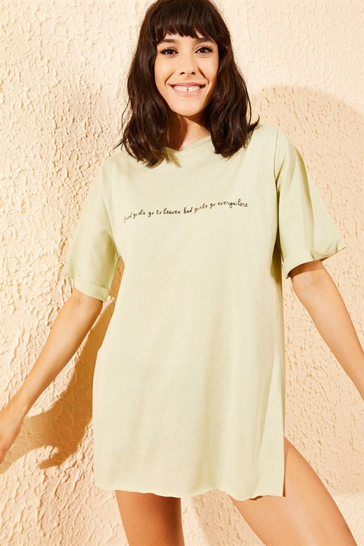 Bianco Lucci Kadın Yazı Baskılı Kol Katlamalı Yan Yırtmaçlı T-Shirt - Mint Yeşili