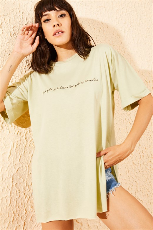 Bianco Lucci Kadın Yazı Baskılı Kol Katlamalı Yan Yırtmaçlı T-Shirt - Mint Yeşili