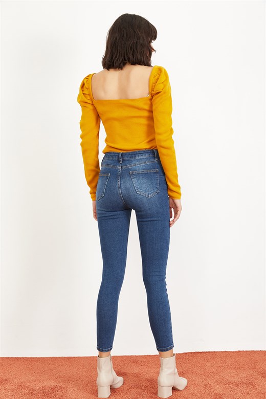 Bianco Lucci Kadın Yüksek Bel Eskitmeli Skinny Jeans - Mavi