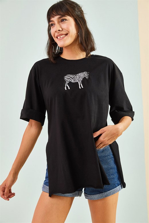 Bianco Lucci Kadın Zebra Baskılı Oversize Tshirt - Siyah