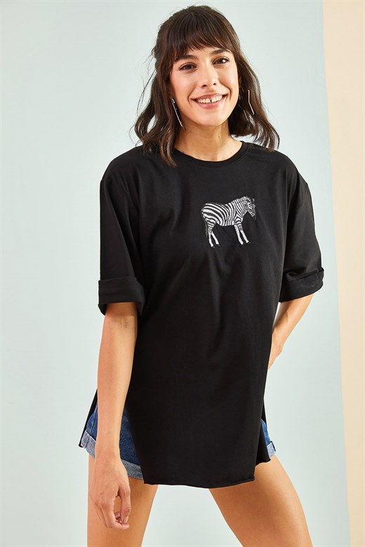 Bianco Lucci Kadın Zebra Baskılı Oversize Tshirt - Siyah
