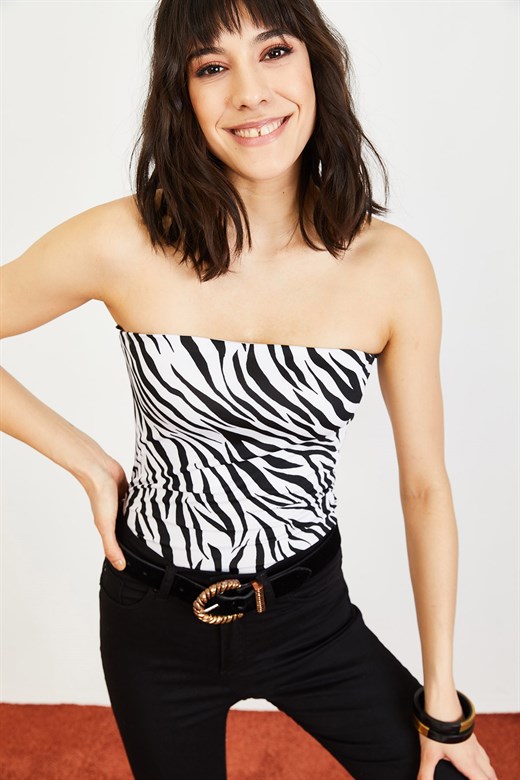 Bianco Lucci Kadın Zebra Desen Straplez Bluz - Çok Renkli