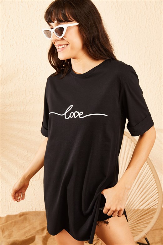 Bianco Lucci Love Baskılı Love Baskılı Kol Katlamalı Yan Yırtmaçlı T-Shirt - Siyah