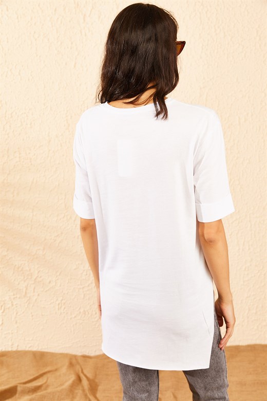 Bianco Lucci Love Baskılı Love Baskılı Kol Katlamalı Yan Yırtmaçlı T-Shirt - Beyaz