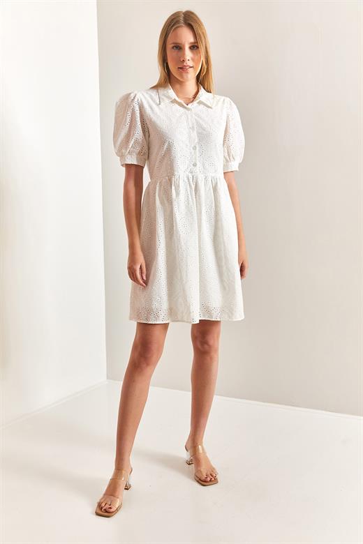 Desenli Gömlek Yakalı Fisto Elbise - Beyaz