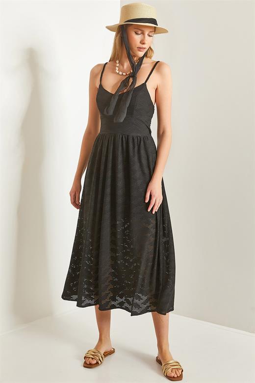 İp Askılı Brode Kumaş Astarlı Örme Elbise - Siyah
