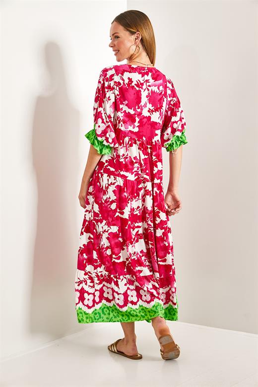 Kol ve Etek Ucu Renkli Multi Desenli Kloş Elbise - Fuşya