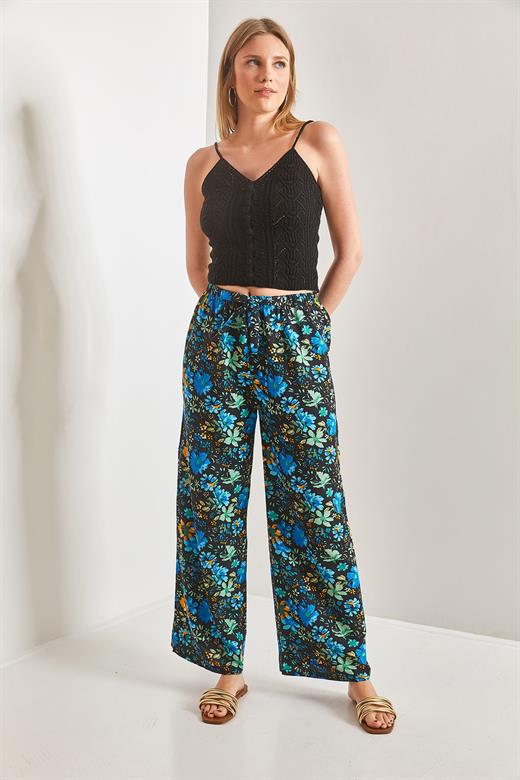 Multi Çiçek Desenli Beli Lastikli Pantolon - Siyah-Mavi