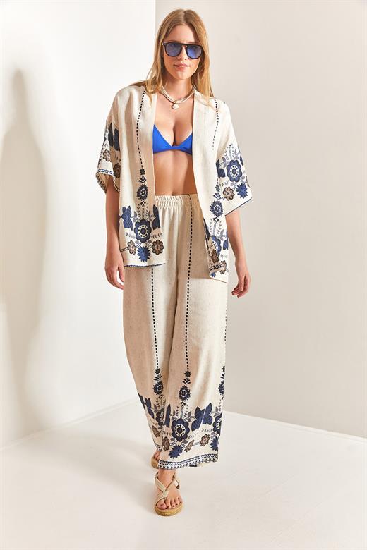 Multi Desen Kimono Takım - Mavi