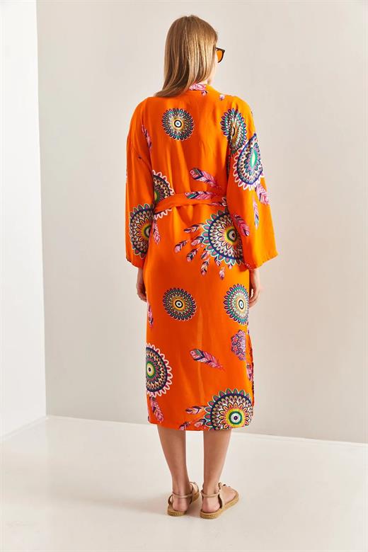 Multi Desenli Kuşaklı Kimono - Turuncu-Lacivert
