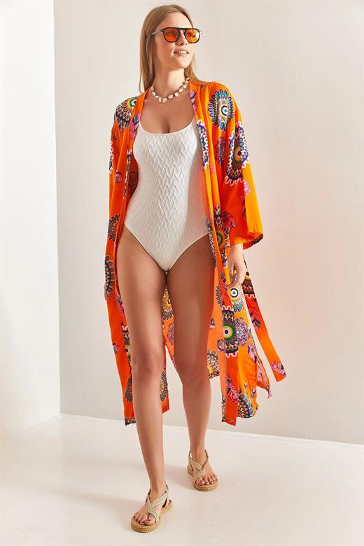 Multi Desenli Kuşaklı Kimono - Turuncu-Lacivert
