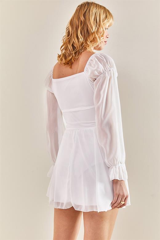 Önü Ayarlanabilir Kuş Gözlü Şifon Elbise - Beyaz