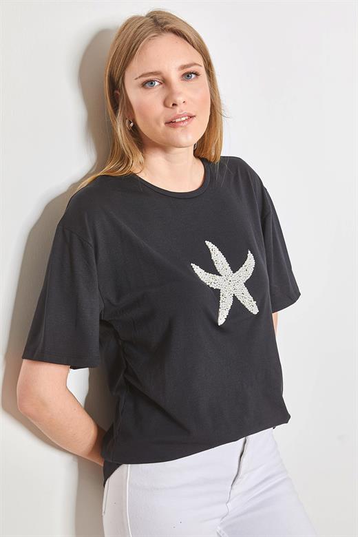 Yıldız İnci Taş İşlemeli Penye Tshirt - Siyah