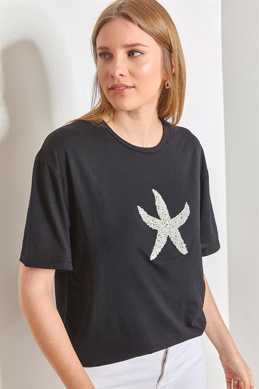 Yıldız İnci Taş İşlemeli Penye Tshirt - Siyah