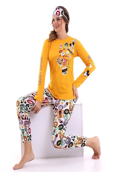 Hardal Uyku Bantlı Sticker Baskılı Kadın Uzun Kol Pijama Takımı