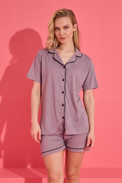 Lila Düğmeli Kadın Şortlu Pijama Takımı